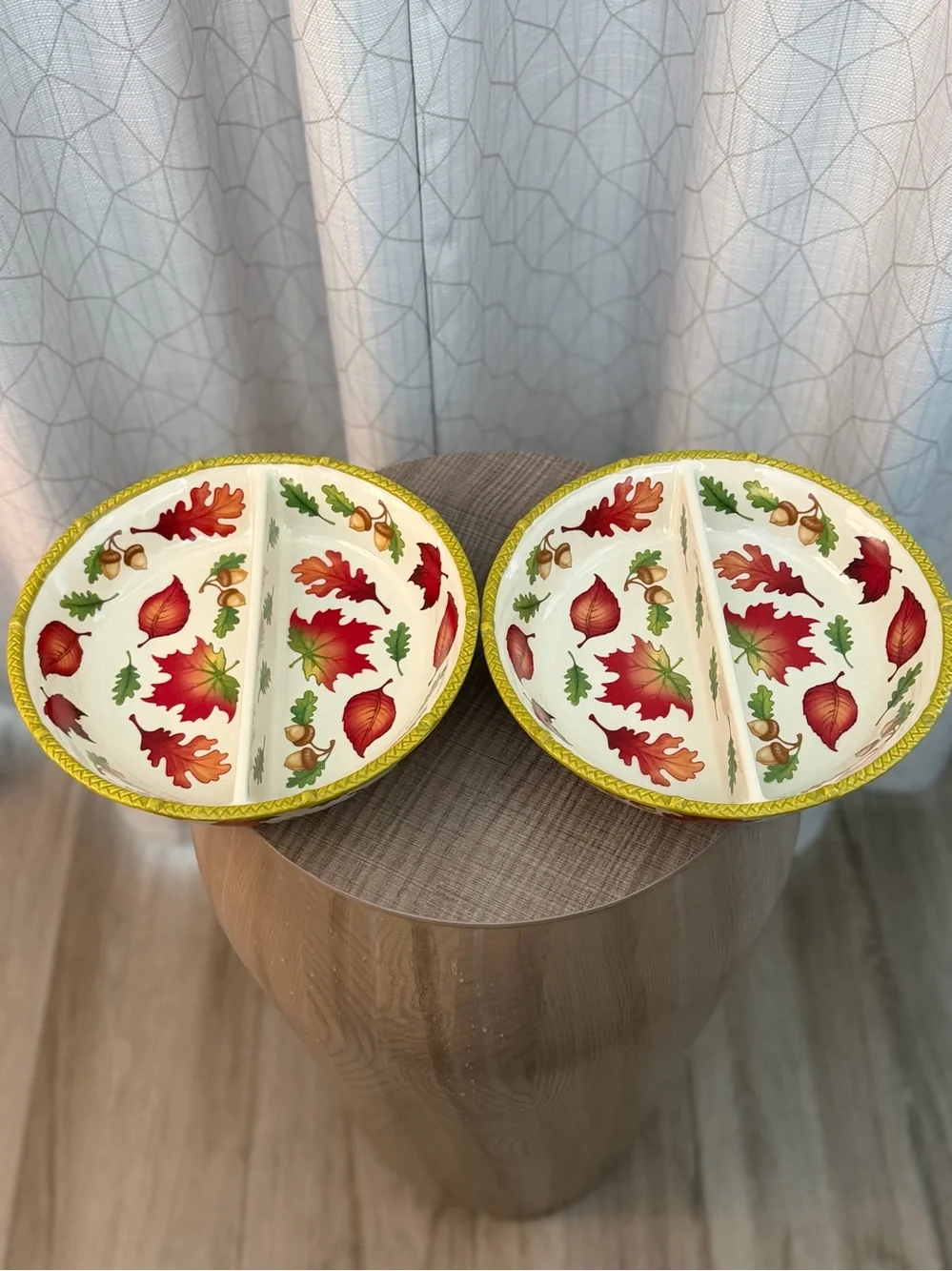 Temp-Tations Ceramic Divided Serving Bowls with Red, Green & Yellow Leaf Motif